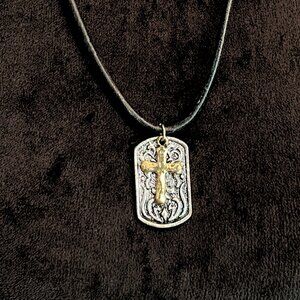 Vintage-Style Cross Necklace | Black Cord Pendant with Ornate Dog Tag | 22" + 2"